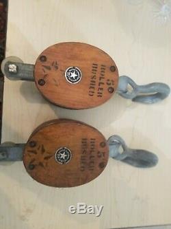 Pair (2) Vintage Boston & Lockport Block Company #5 Wood and Rope Pully VGC