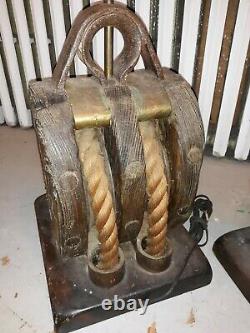 Pair Huge Antique Nautical Block And Tackle Table Lamps Great Rustic