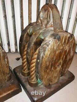 Pair Huge Antique Nautical Block And Tackle Table Lamps Great Rustic