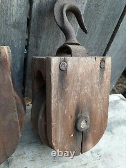 Pair Of Antique Wooden Barn Pullies Block And Tackle