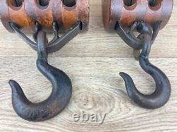 Pair of Vintage UNION HARDWARE Wooden Tackle Pulley 2 & 3 Sheaves Wheels