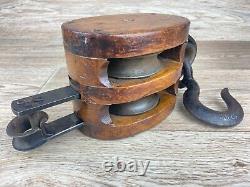Pair of Vintage UNION HARDWARE Wooden Tackle Pulley 2 & 3 Sheaves Wheels