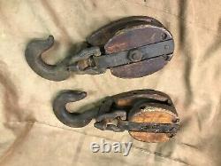 Pair of vintage wooden snatch blocks anvil brand 12 one unmarked good condition