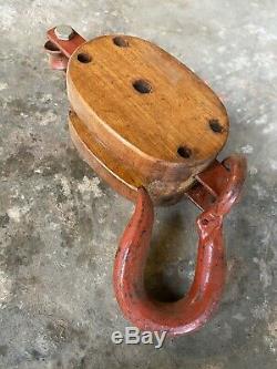 Primitive Antique Wood Iron Barn Pulley Block Tackle Vintage Wooden Farm Tool 1