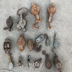 Pulley Farm Block Tackle Patina Rust Barn Find Lot Of 16 Vintage Small Brutalist