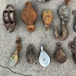 Pulley Farm Block Tackle Patina Rust Barn Find Lot Of 16 Vintage Small Brutalist