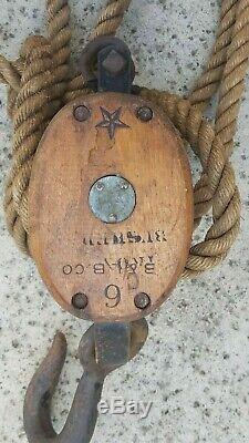 RARE! Antique Boston & Lockport Block & Tackle Pulley Set 2 with 50' Feet Rope