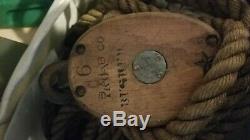 RARE! Antique Boston & Lockport Block & Tackle Pulley Set 2 with 50' Feet Rope