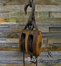 Rustic Barn Block & Tackle Pulley Pendant Light Lamp Steampunk Antique Nautical