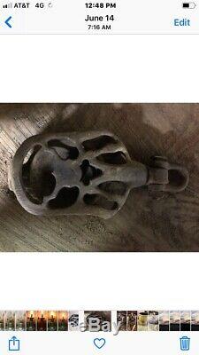 Rare collectible heavy cut out hay trolley cast iron pulley