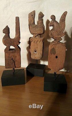 Set of (3) Antique Carved Wooden Pulleys on Stands