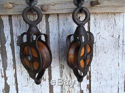 TWO Antique Cast Iron AND WOOD BARN HAY TROLLEY ORNATE LINE PULLEYS RUSTIC DECOR