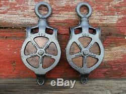 TWO Antique/VINTAGE CAST Iron AND WOOD PULLEYS ORNATE PRIMITIVE RUSTIC DECOR