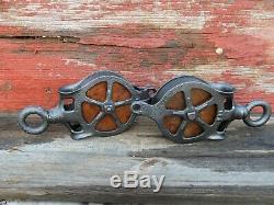 TWO Antique/VINTAGE CAST Iron AND WOOD PULLEYS ORNATE PRIMITIVE RUSTIC DECOR