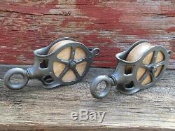 TWO Antique/VINTAGE CAST Iron AND WOOD PULLEYS ORNATE RUSTIC DECOR