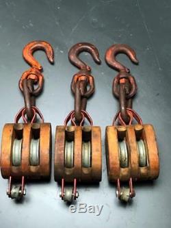 Three Antique Vintage ANVIL Brand Block and Tackle Maritime Barn Pulley