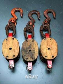 Three Antique Vintage ANVIL Brand Block and Tackle Maritime Barn Pulley