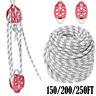 Twin sheave block & tackle 7500Lb pulley system 150/200/250 Ft Double Braid Rope