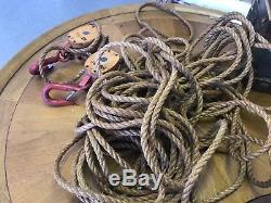 Two Antique Vintage ANVIL Brand Block and Tackle Maritime Barn Pulley with Rope