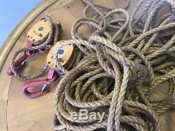 Two Antique Vintage ANVIL Brand Block and Tackle Maritime Barn Pulley with Rope