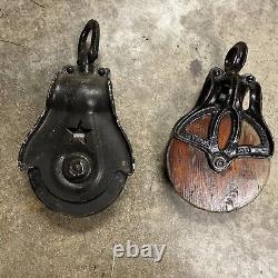 Two Antique Vintage Cast Iron Louden Hay Trolley Pulley Barn Farm Tool Rustic