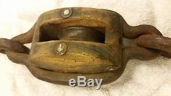 Unusual antique wood single block pulley framed in thick iron