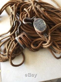 Uw Double Double Wood Metal Block Tackle Pulley With 100ft Hemp Rope