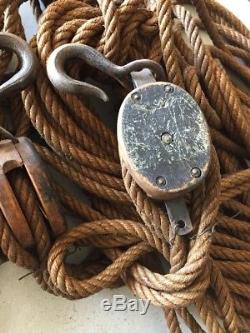 Uw Double Double Wood Metal Block Tackle Pulley With 100ft Hemp Rope