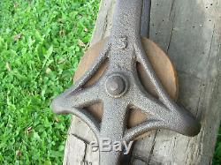 Very Old Antique Large Heavy Cast Iron & Wood Barn Hay Trolley Drop Pulley 5