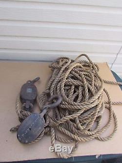 VINTAGE Block and Tackle PAIR Double and Single blocks 5 + 75 rope NICE RIG