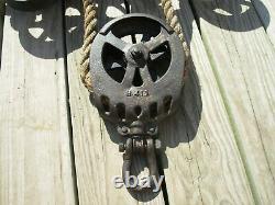 VINTAGE CAST IRON F. E. MYERS &BR0 ASHLAND BARN HAY TROLLEY With DROP PULLEY & ROPE