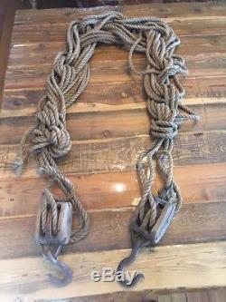 VINTAGE METAL WHEEL BLOCK AND TACKLE FARM/ BARN PULLEYS with ROPE