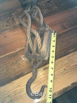 VINTAGE METAL WHEEL BLOCK AND TACKLE FARM/ BARN PULLEYS with ROPE