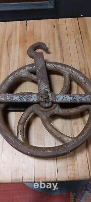 Vintage 14 Inch Cast Iron Pulley with Hook