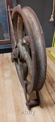 Vintage 14 Inch Cast Iron Pulley with Hook