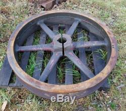 Vintage 4 foot industrial pulley w base very heavy steampunk rustic barn table
