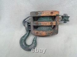 Vintage Antique Large Maritime Block Tackle Pulley Double Wood withLarge Hook 12lb