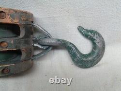 Vintage Antique Large Maritime Block Tackle Pulley Double Wood withLarge Hook 12lb