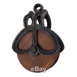 Vintage Antique Old Style Cast Iron Metal Rustic Large Wood Wheel Farm Pulley