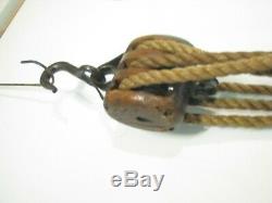 Vintage Antique Wooden Block & Tackle 3 Wheel Pulley Set. Cleaned and sealed