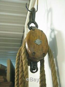 Vintage Antique Wooden Block & Tackle 3 Wheel Pulley Set. Cleaned and sealed