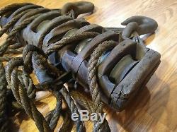 Vintage Antique Wooden Block & Tackle 4 Wheel Pully Set of 2 with Rope