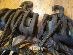 Vintage Antique Wooden Block & Tackle 4 Wheel Pully Set of 2 with Rope