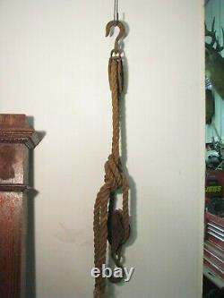 Vintage Antique large Block & Tackle and Rope 1 inch rope