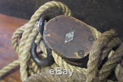 Vintage Block And Tackle with Rope Barnyard Bowling Wood Pulley's