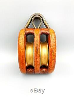 Vintage Block & Tackle Wood/Brass Pulley Single/Double Sheave Merriman Brothers