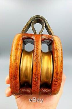 Vintage Block & Tackle Wood/Brass Pulley Single/Double Sheave Merriman Brothers