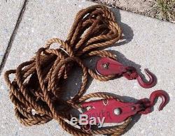 Vintage Block and Tackle Metal Double Pulley with Rope Antique