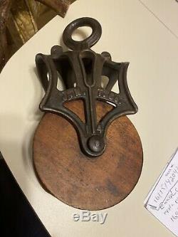 Vintage Cast Iron & Wood Wheel Farm Pulley With Embossed Letters J. H. T. Co