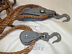 Vintage Double Metal Working Block and Tackle Pulleys Original Rope, Ship / Farm